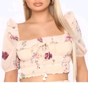NWT Ruffle Crop Top Floral Sheer Smocked Fairycore Festival Cream Balloon Sleeve